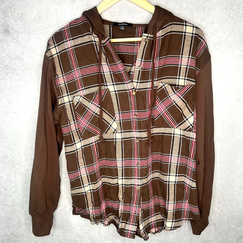 Women's Ambiance Plaid Hooded Button Up Shirt Brown Size M Casual Cozy Flannel